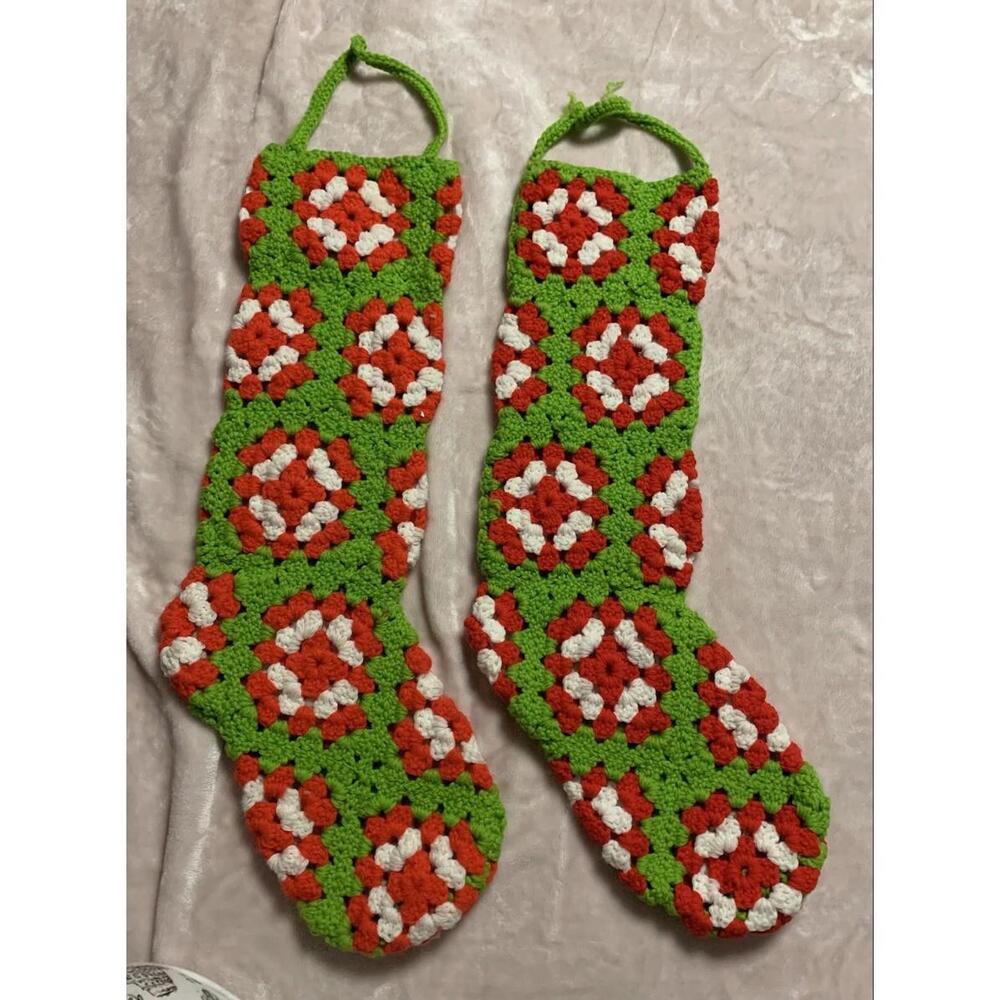 Vtg Hand Crocheted Red White Green Granny Square Christmas Stockings 20” Grinch
